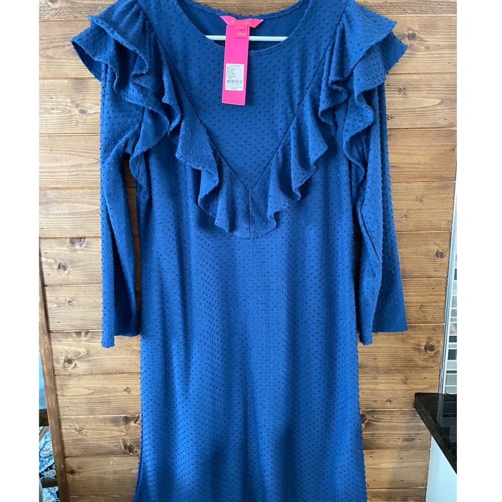 Pheby Dress Oyster Bay Navy Ruffled Front Long Sleeve NWT Lilly Pulitzer